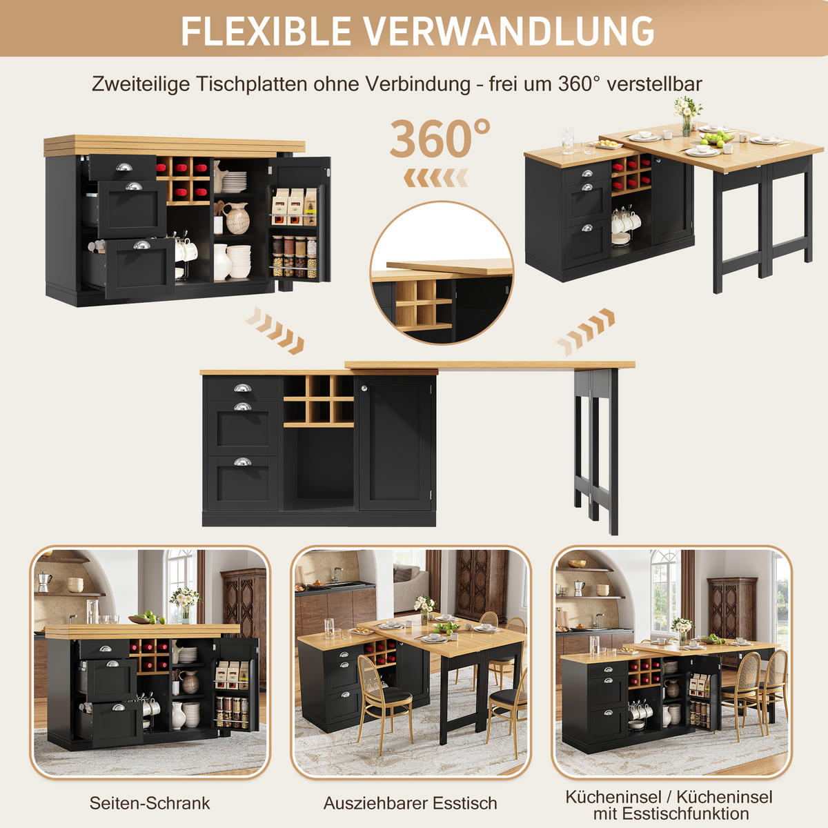 BARTISCH Ausziehbar Stauraum Weinregal Schublade Schwarz - Schwarz, Holzwerkstoff (120/74/40cm) - FLIEKS