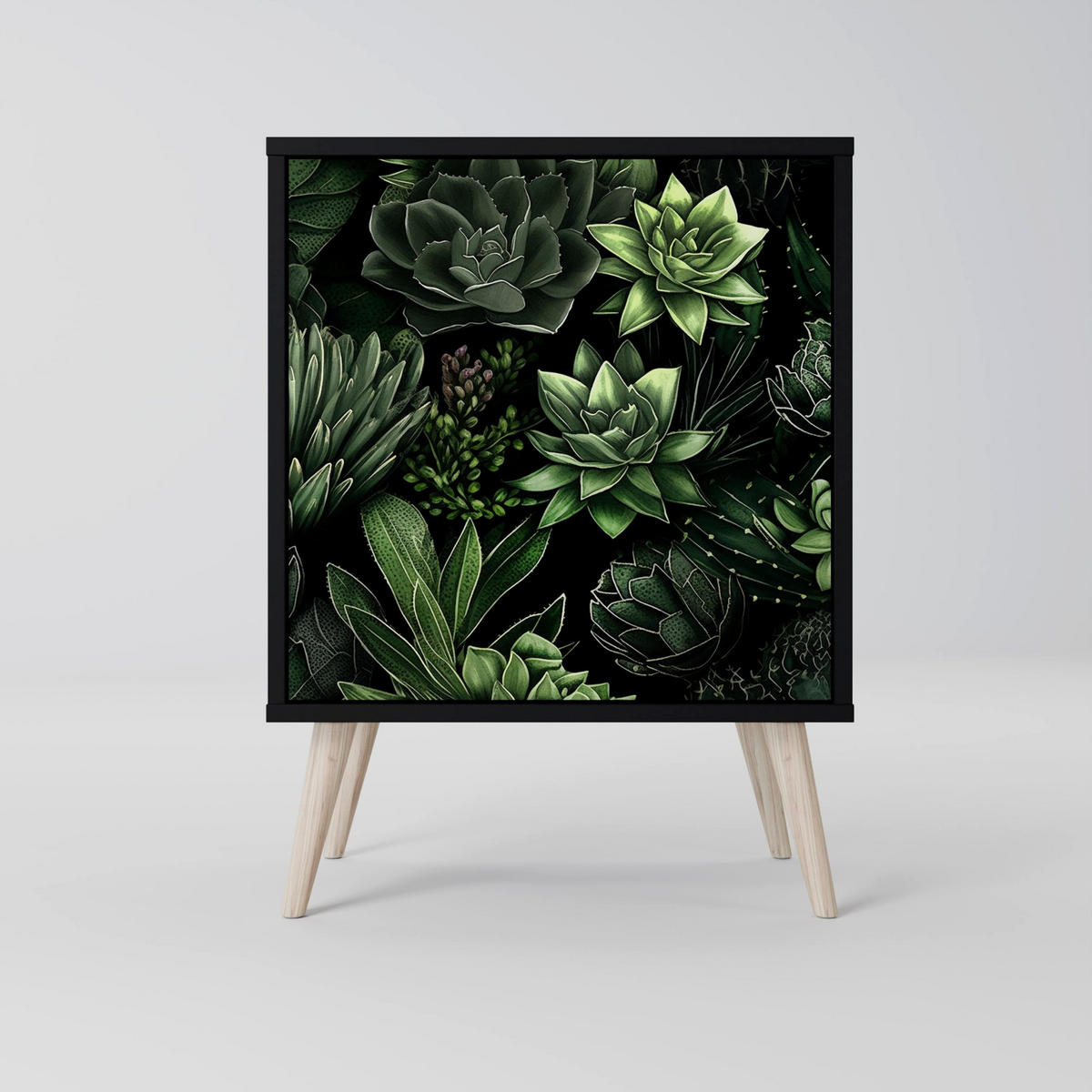 SIDEBOARD SUCCULENT JUNGLE, Schwarz, 57,5x42x67,5 cm, Schwarze Metall-Rahmenfüße - Multicolor/Schwarz, Holzwerkstoff/Metall (57.5/67.5/42cm) - SpaceRebels