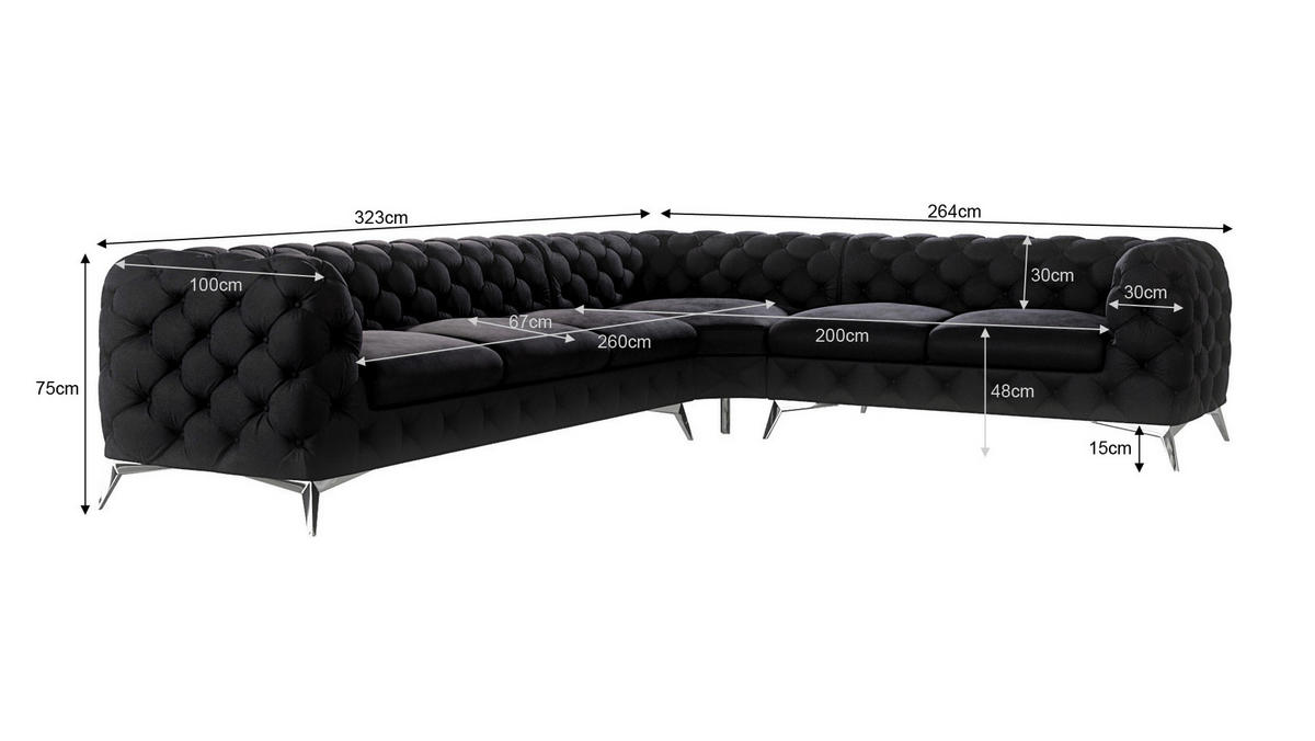 ECKSOFA Chesterfield Laura Schwarz Samt - Silberfarben/Schwarz, Holz/Textil (323/264cm) - S-Style Möbel