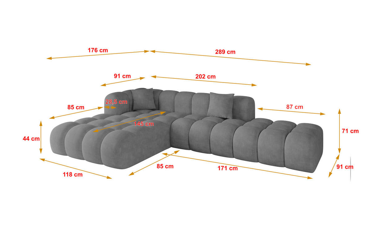 ECKSOFA Ottomane Links OLEA-L2 - 289x176x71 cm Titanfarben - Titanfarben/Schwarz, Holzwerkstoff/Kunststoff (289/176cm) - ALTDECOR