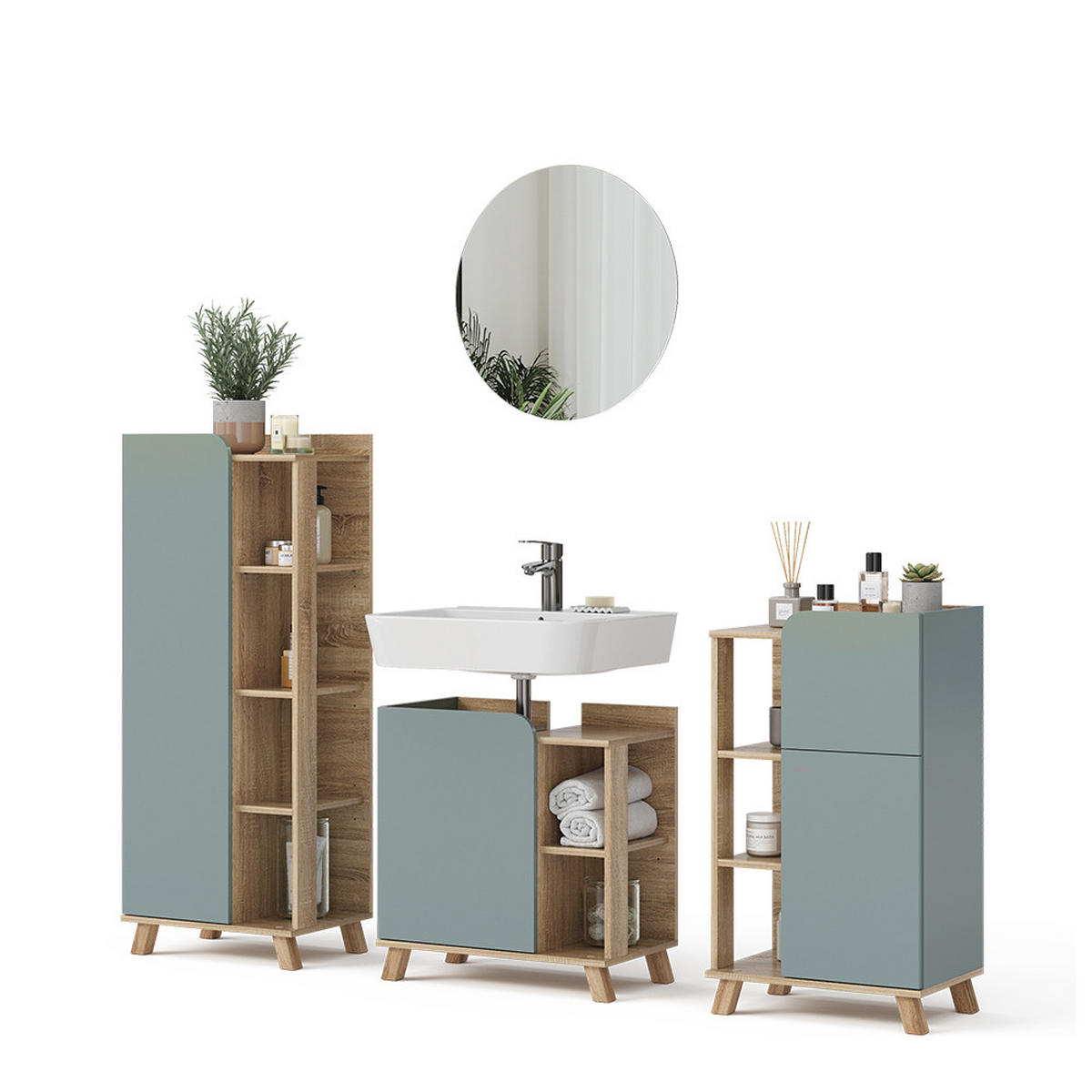 BADMÖBEL-SET Karen Blau-Grau 4 Teile - Blau, Holzwerkstoff (60/65/35cm) - Vicco