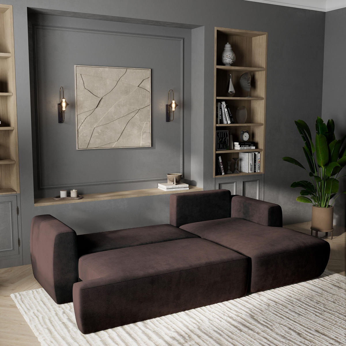 ECKSOFA SENTI K R-S Braun Plüsch-Stoff mit Schlaffunktion - Braun, Holz (246/148cm) - MASSENO