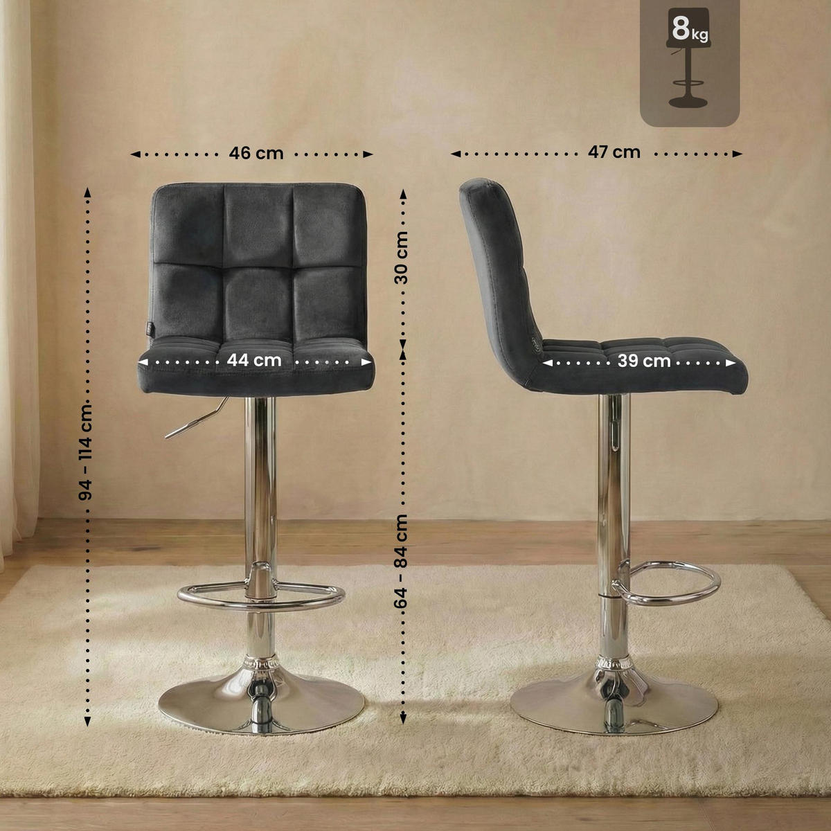 BARHOCKER Samt dunkelgrau - Chromfarben/Dunkelgrau, Textil/Metall (46/94/47cm) - CLP