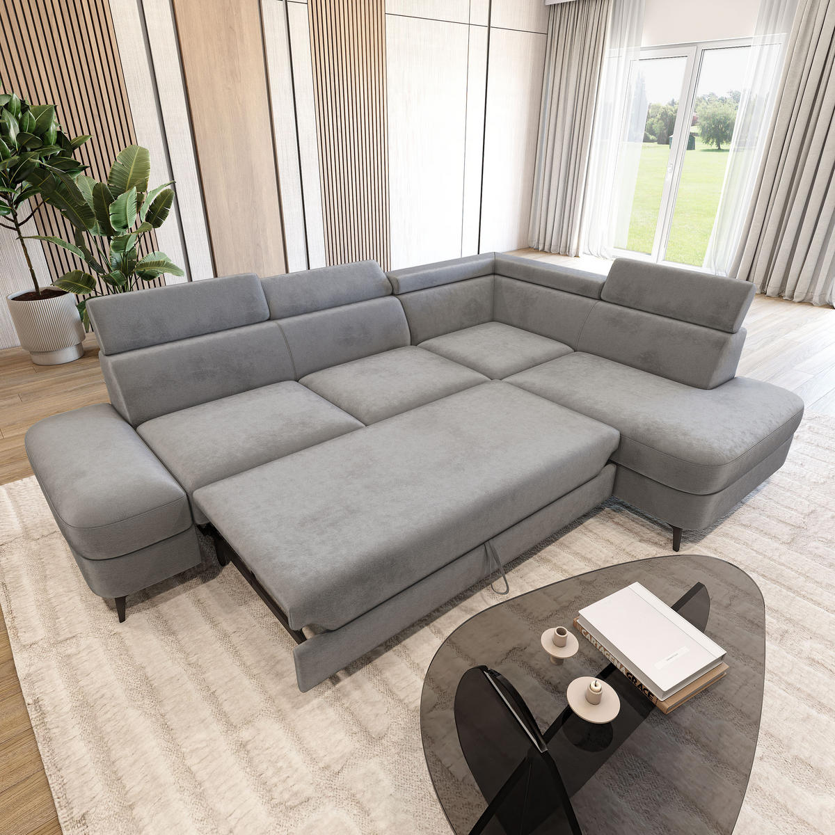 ECKSOFA AVISE M R-S Hellgrau Velours-Stoff mit Schlaffunktion - Hellgrau, Holzwerkstoff/Textil (268/195cm) - MASSENO
