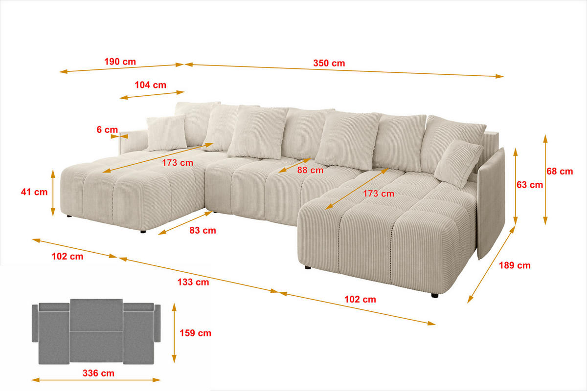 WOHNLANDSCHAFT LONLI-U 355x189x68 Beige Cord - Beige, Holzwerkstoff/Kunststoff (350/68/190cm) - ALTDECOR