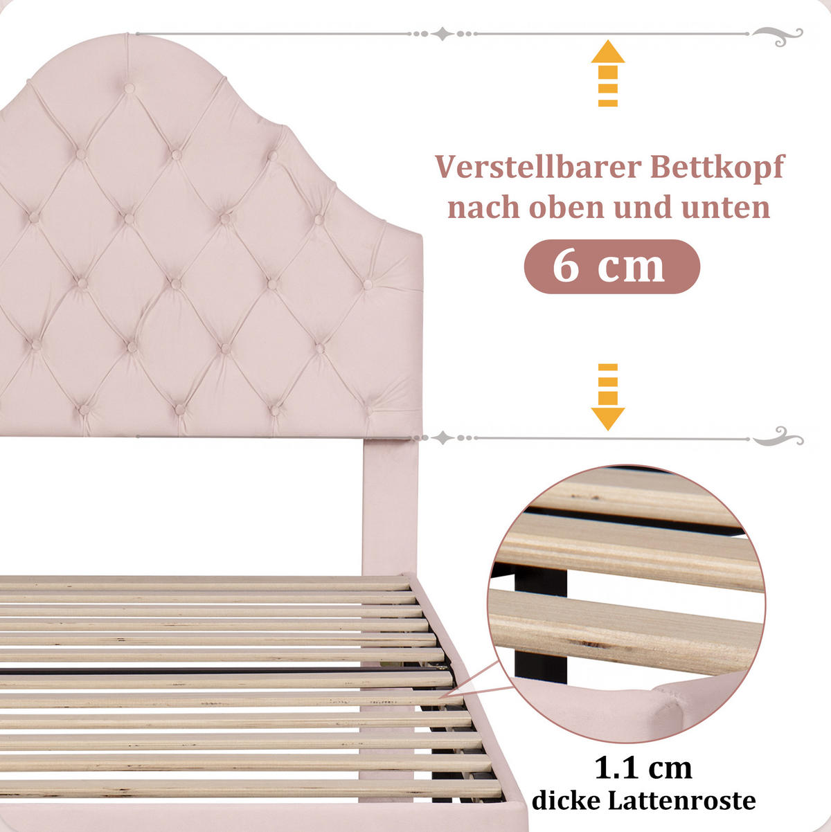 POLSTERBETT 90/200 cm Pink aus Samt mit höhenverstellbarem Kopfteil - Rosa, Textil (90/200cm) - OKMYHOME