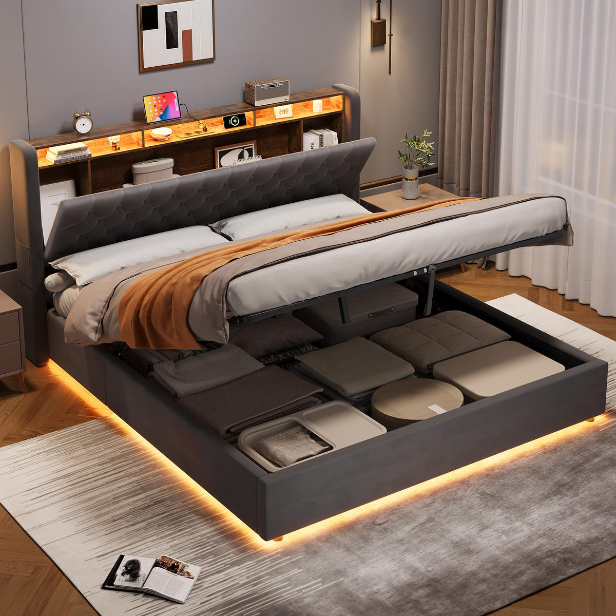 POLSTERBETT 180x200 mit Bettkasten & LED Beleuchtung,mit klappbarem Kopfteil,Grau - Grau, Holzwerkstoff/Textil (180/200cm) - EVRYAE