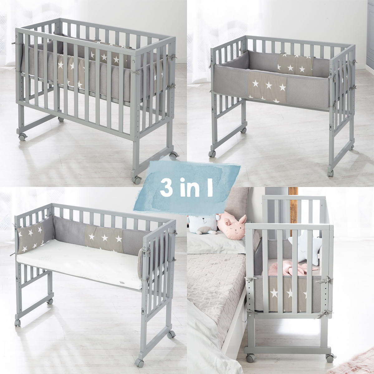 BEISTELLBETT Little Stars 3in1 Set 90 x 45 cm - Taupe/Grau, Holzwerkstoff (45/90cm) - Roba