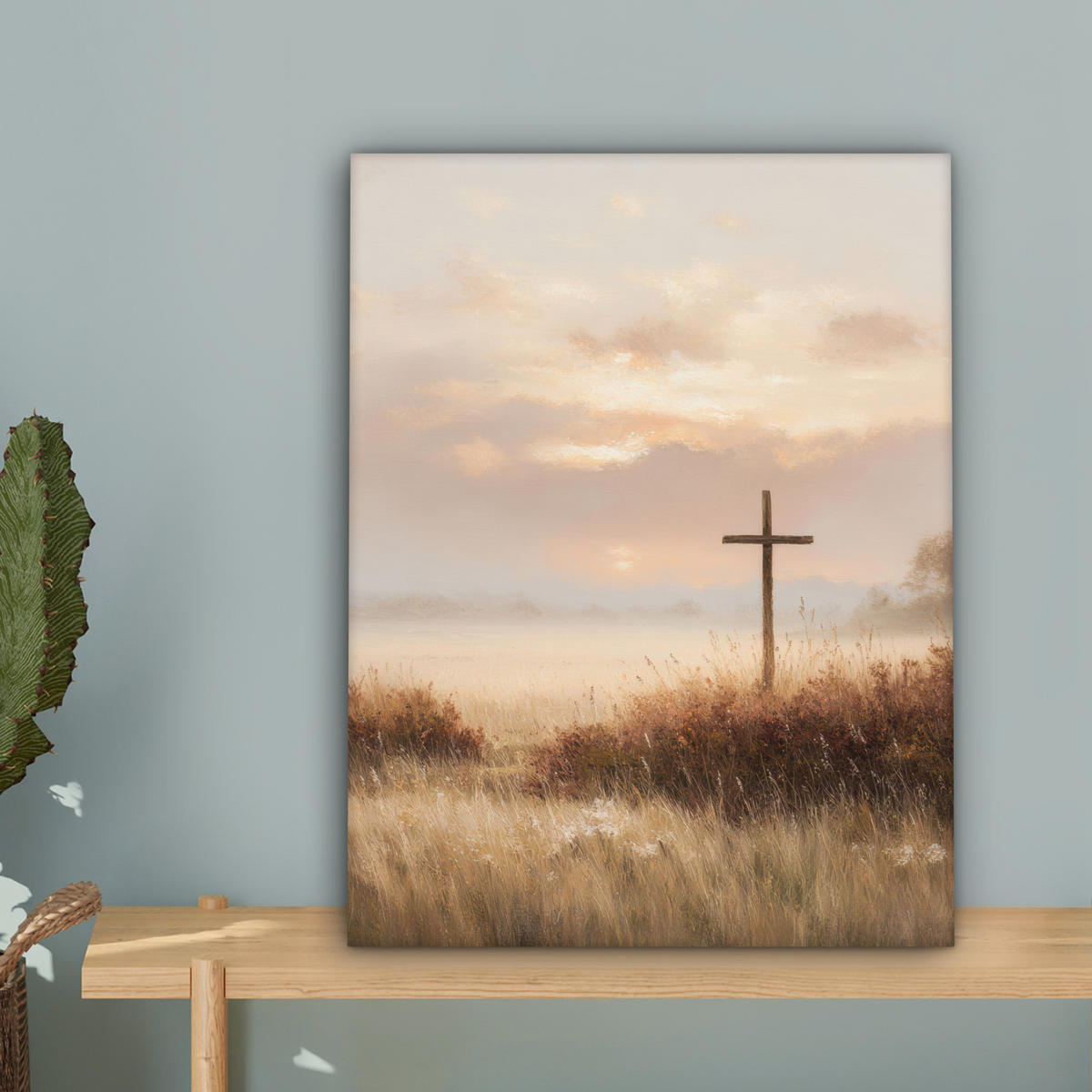 LEINWANDBILD Gras - Morgennebel - Kreuz - Christentum Room Decor 30x40 cm - Beige, Textil (30/40cm) - MuchoWow