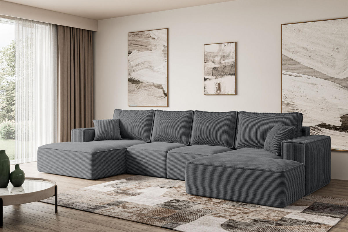 WOHNLANDSCHAFT mit Schlaffunktion und Bettkasten SIERRA-U-S - 349x161x87 cm Duneklgrau Cord - Dunkelgrau/Schwarz, Holzwerkstoff/Kunststoff (349/87/161cm) - ALTDECOR