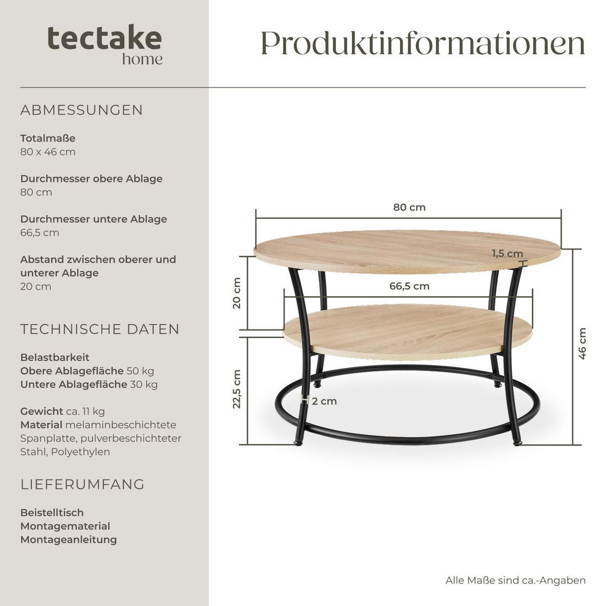 COUCHTISCH Cromford,80 x 46 cm,Industrial Holz hell, Eiche Sonoma - Naturfarben, Holzwerkstoff (80/80/46cm) - tectake