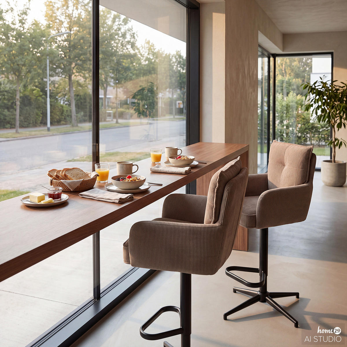 BARSTUHL - 2er-Set - Höhenverstellbar - Cord / Eisen - Braun, Textil/Metall (54/100/58cm) - home24