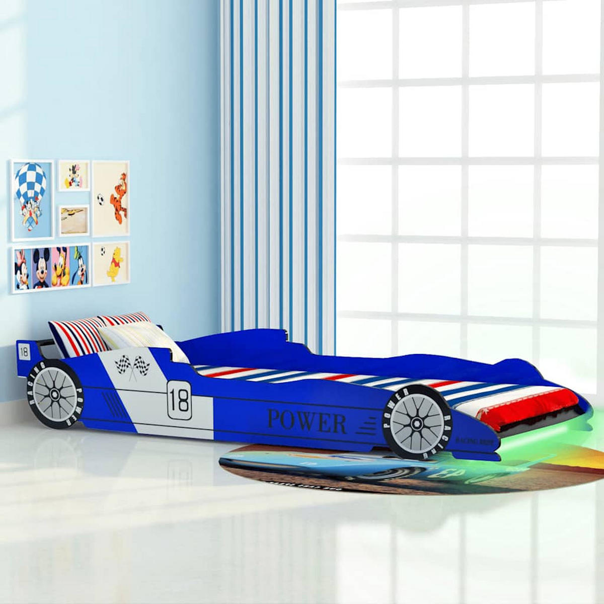 KINDERBETT MIT LED IM RENNWAGEN-DESIGN 90 X 200 CM BLAU - Blau, Holzwerkstoff (94/38/225cm) - vidaXL