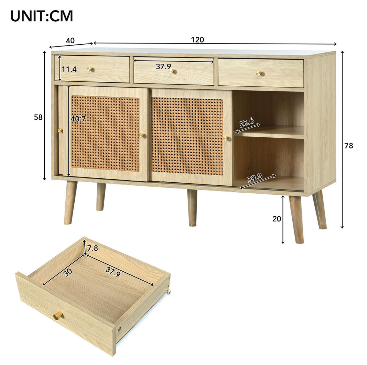 SIDEBOARD 120/40/78 cm Eiche aus MDF mit Rattangeflecht - Eichefarben, Holzwerkstoff (120/78/40cm) - OKWISH