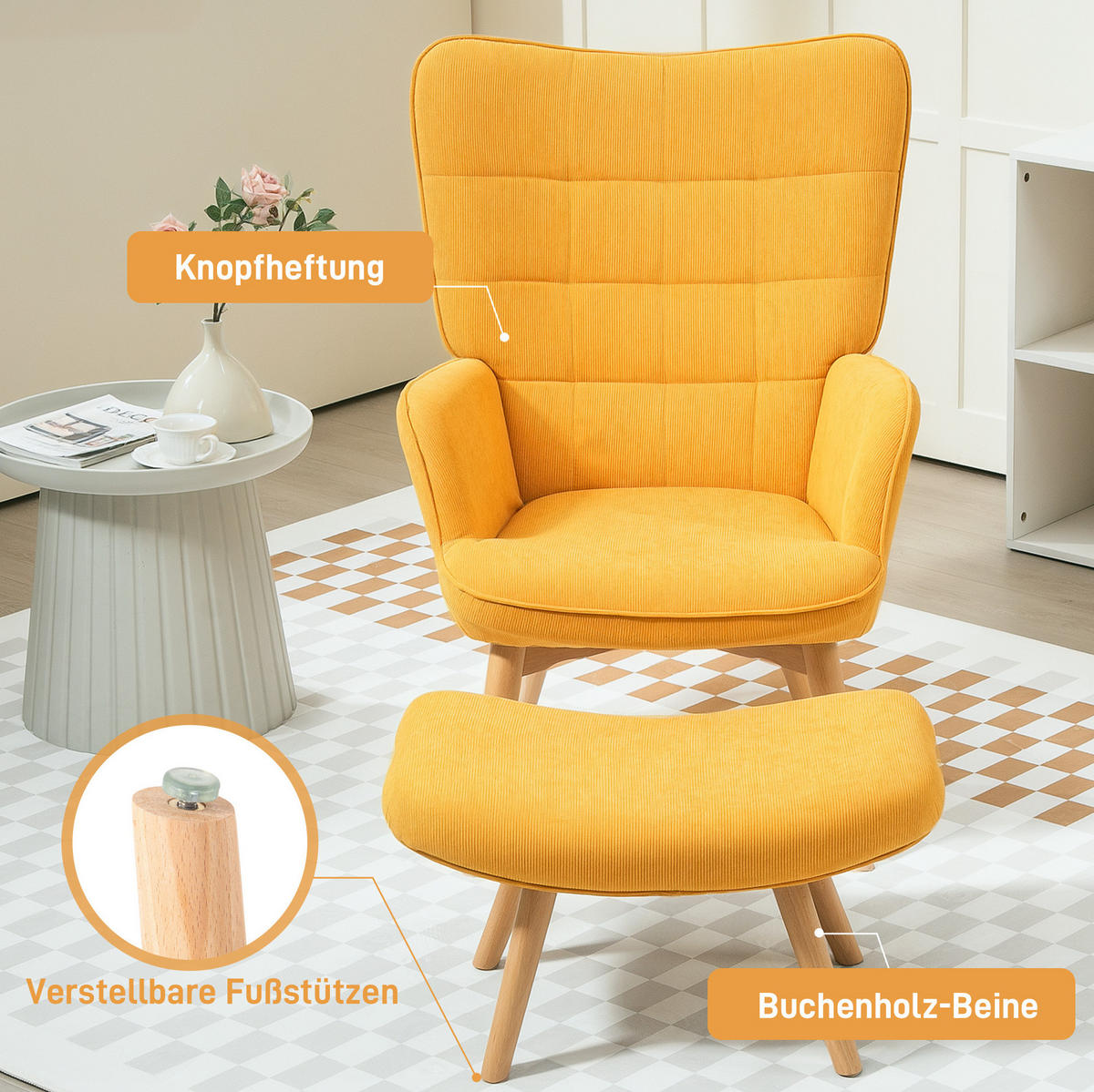 OHRENSESSEL mit Hocker 72/80/101 cm in Orange mit Buchenholzbeinen - Orange, Textil (72/101/80cm) - Flora Grace