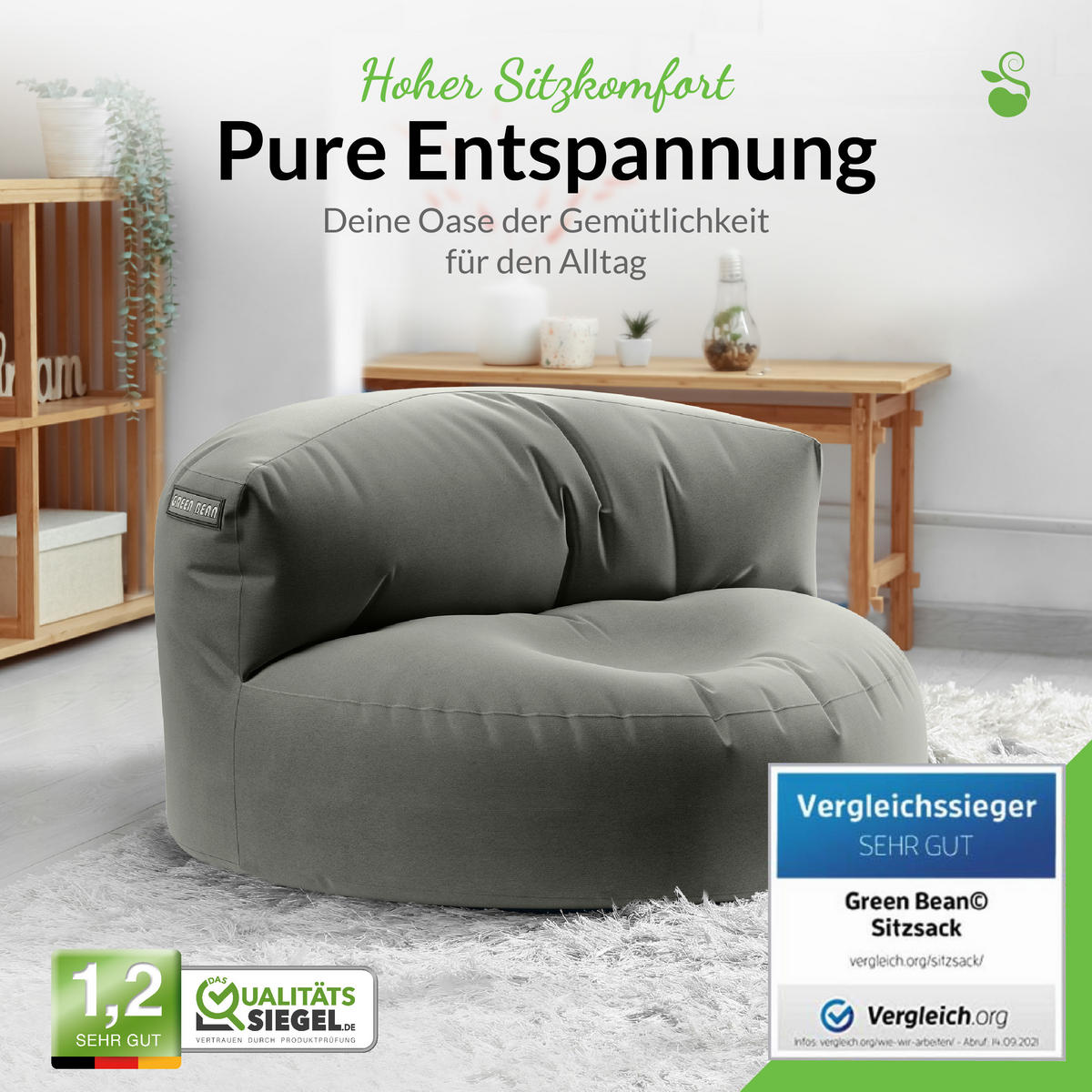 INDOOR OUTDOOR SITZSACK Lounge Sofa - Grau, Textil (90/50/50cm) - Green Bean