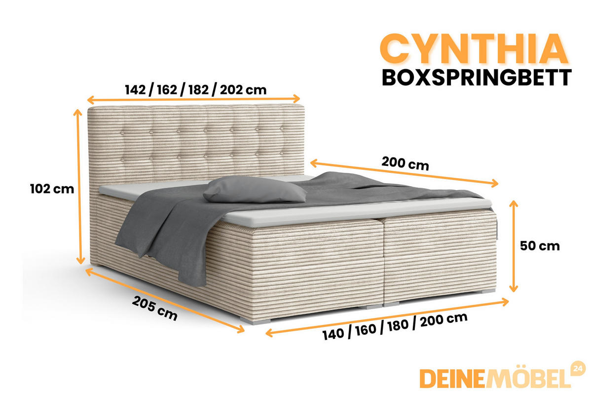 BOXBETT CYNTHIA 180/200 in Cord Creme H3 - Creme, Holz/Holzwerkstoff (180/200cm) - Deine Möbel 24