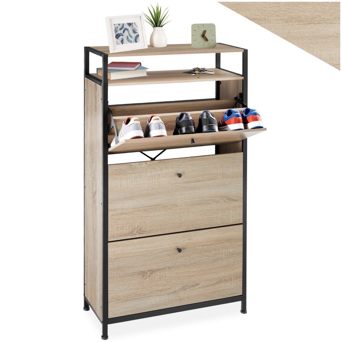 SCHUHSCHRANK Braddock,inklusive Kippschutz, 61 x 32 x 130 cm,Industrial Holz hell, Eiche Sonoma - Naturfarben, Holzwerkstoff (32/130/61cm) - tectake