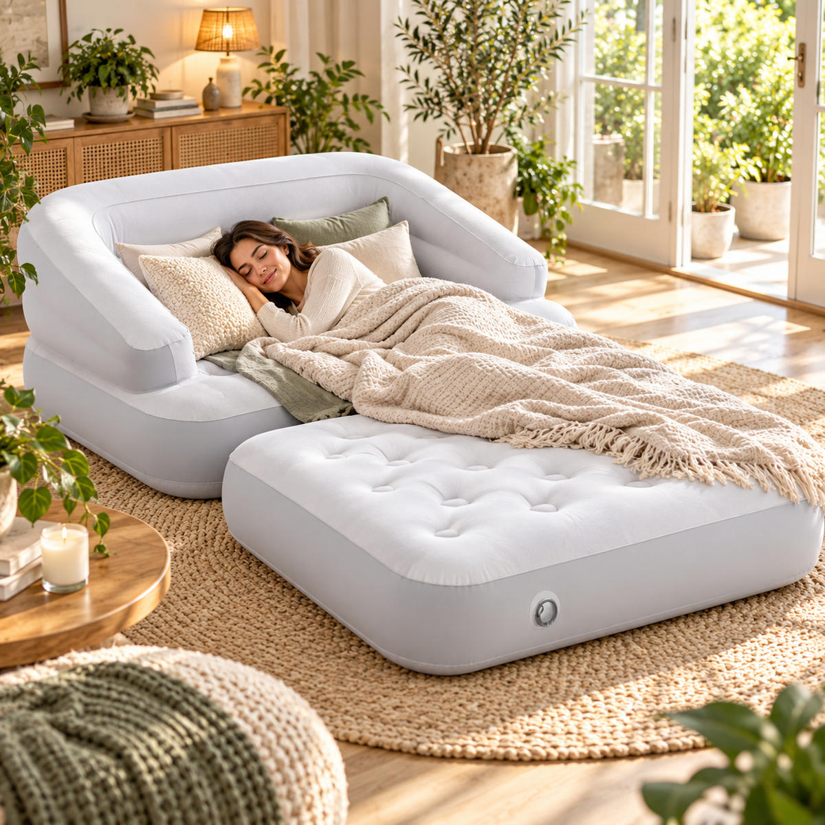 LUFTSOFA aufblasbares Sofa 198 x 138 x 62 cm weiß-grau wandelbar zum Doppelbett - Weiß/Grau, Kunststoff (138/198cm) - Avenli
