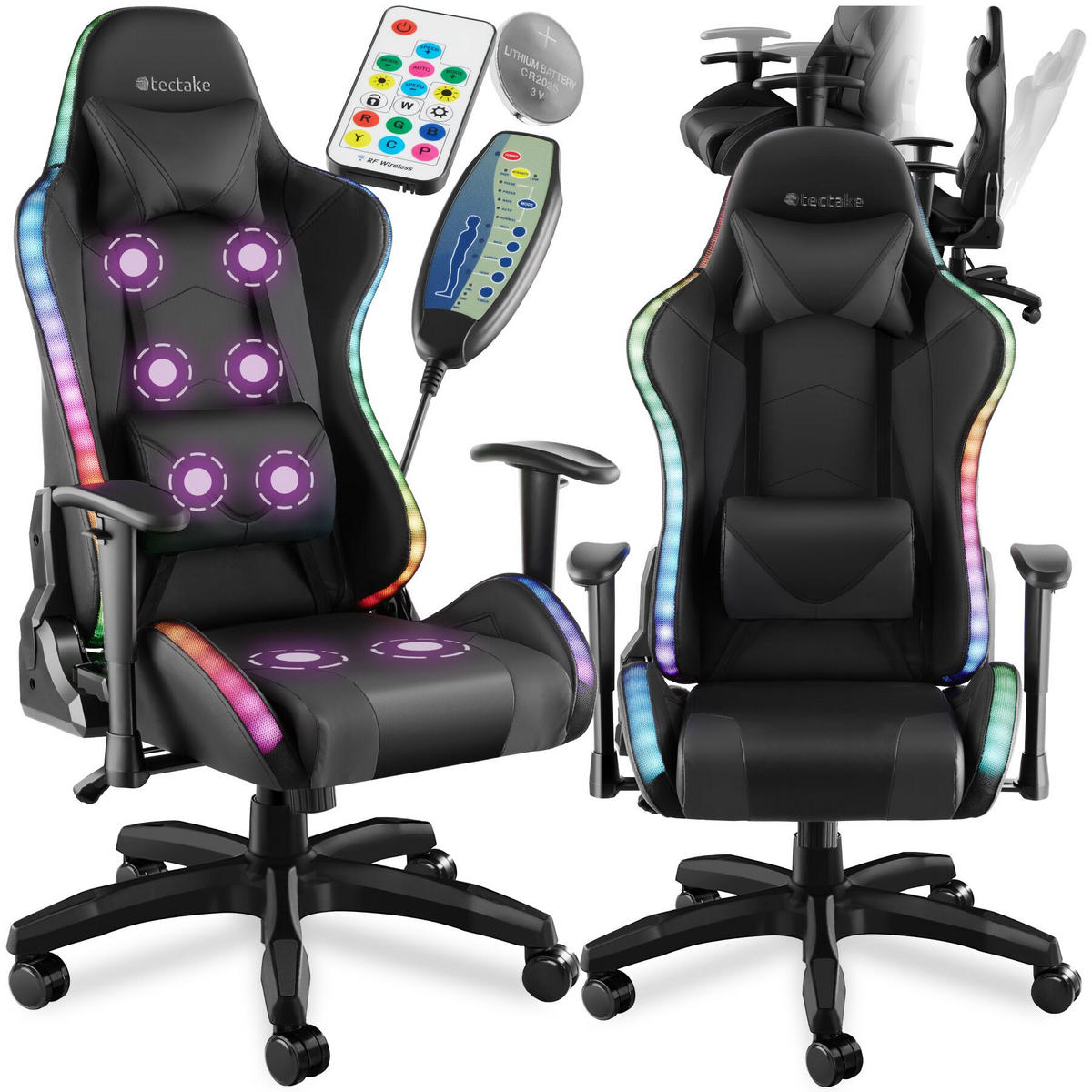 GAMINGSTUHL Tartaros, dicke Polsterung, Belastbarkeit 120 kg, schwarz/schwarz - Schwarz, Textil (66.5/126/69cm) - tectake
