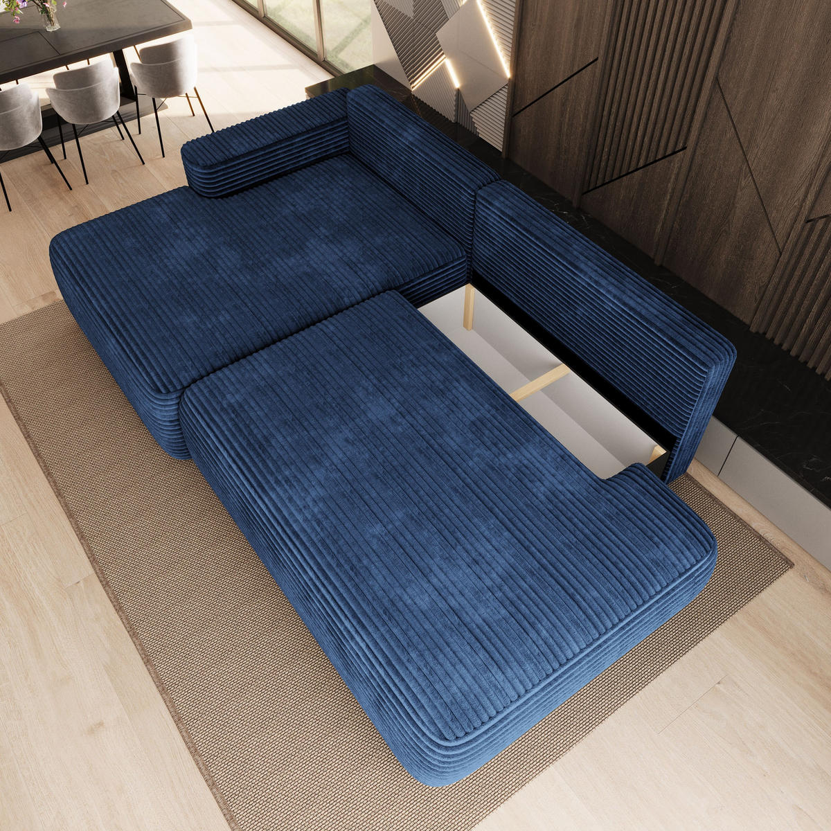 ECKSOFA AVINI T L-S Blau Kordstoff mit Schlaffunktion - Blau, Holzwerkstoff/Textil (277/160cm) - MASSENO