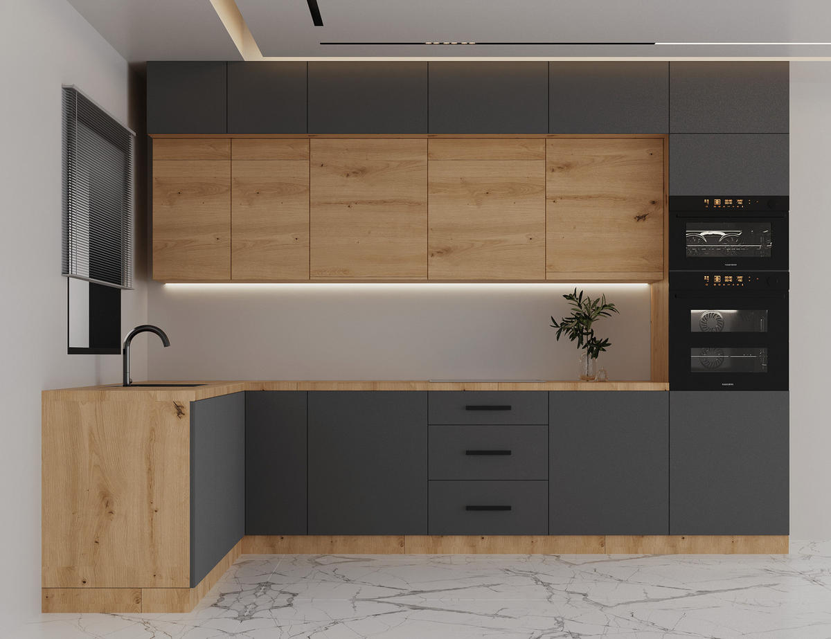WINKELKÜCHE 330 × 230 cm - Langen K105-M330 – in Grau/Artisan Eiche - Schwarz/Eiche Artisan, Holz/Holzwerkstoff (330/248/230cm)