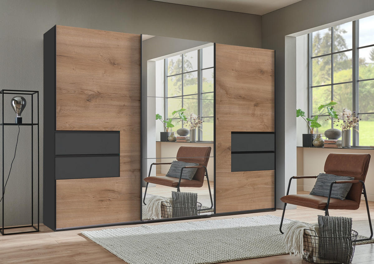 SCHWEBETÜRENSCHRANK B300/H216/T65 cm, Korpus+Schubladen Grafit, Türen eichefarben / Spiegel, inkl. Vollausstattung / 22055 - Eichefarben/Schwarz, Holzwerkstoff/Metall (300/216/65cm) - luma-home