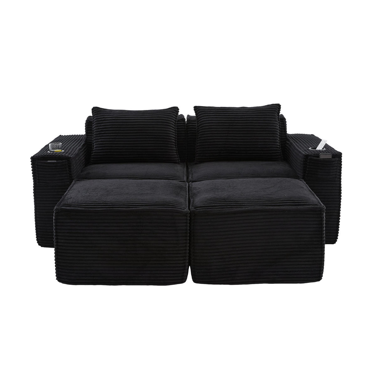 2-SITZER-SOFA DE-33836 mit 2 Hockern Schwarz - Schwarz, Textil (188/75/162cm) - ComfortXL