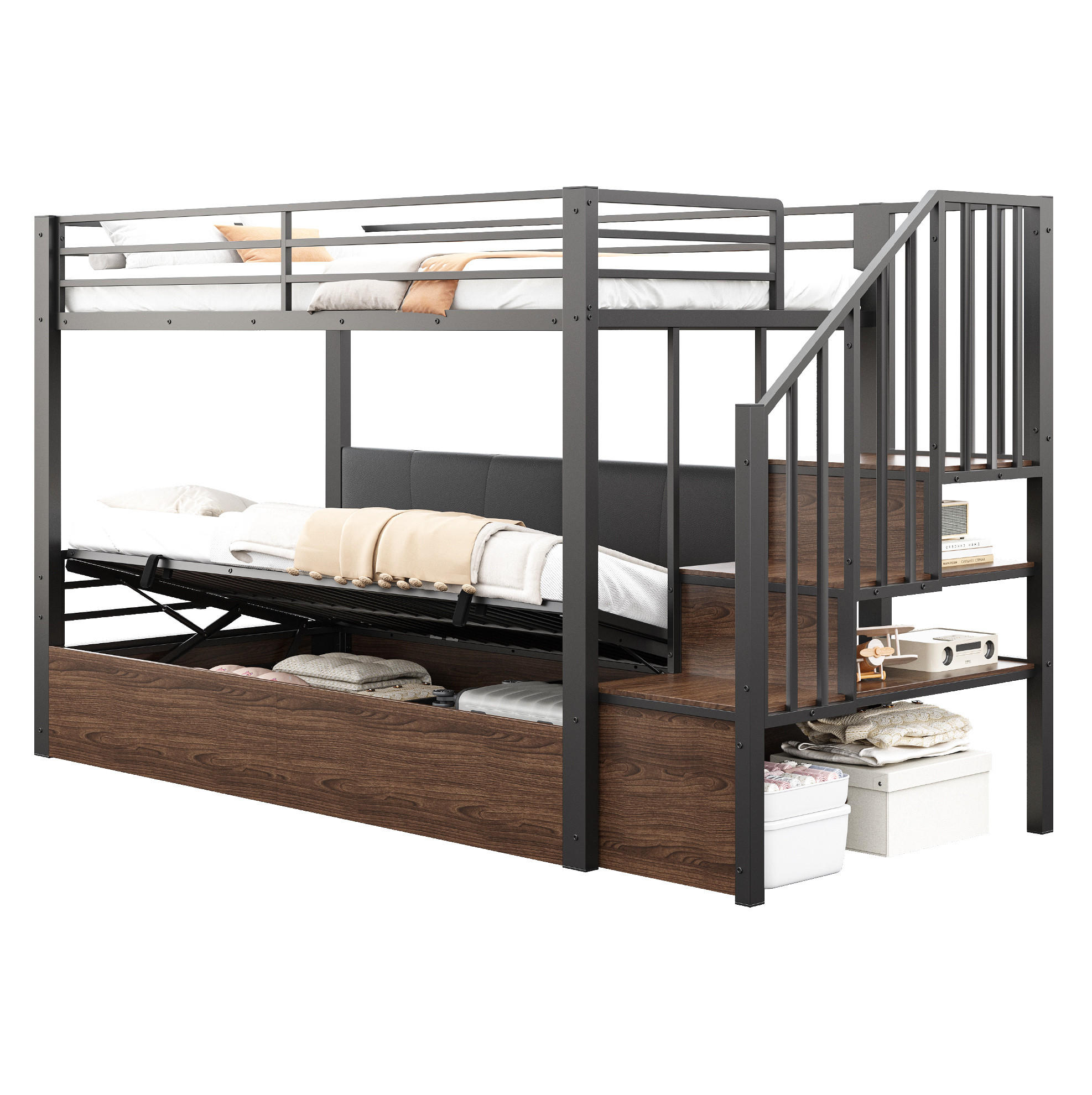 HOCHBETT 90/200 cm aus Metall und MDF mit Stauraumtreppe Schwarz - Schwarz, Holzwerkstoff (90/200cm) - Modenvie