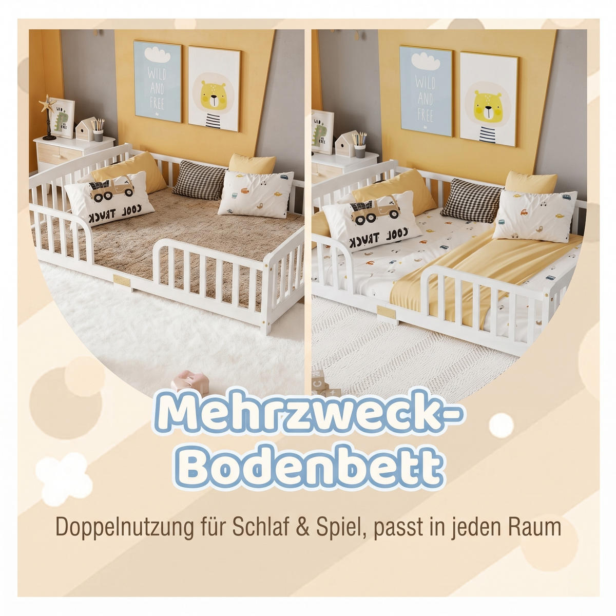 BODENBETT 140/200 cm DE-32892 mit Sicherheitsgeländer Weiß - Weiß, Holz (140/200cm) - ComfortXL