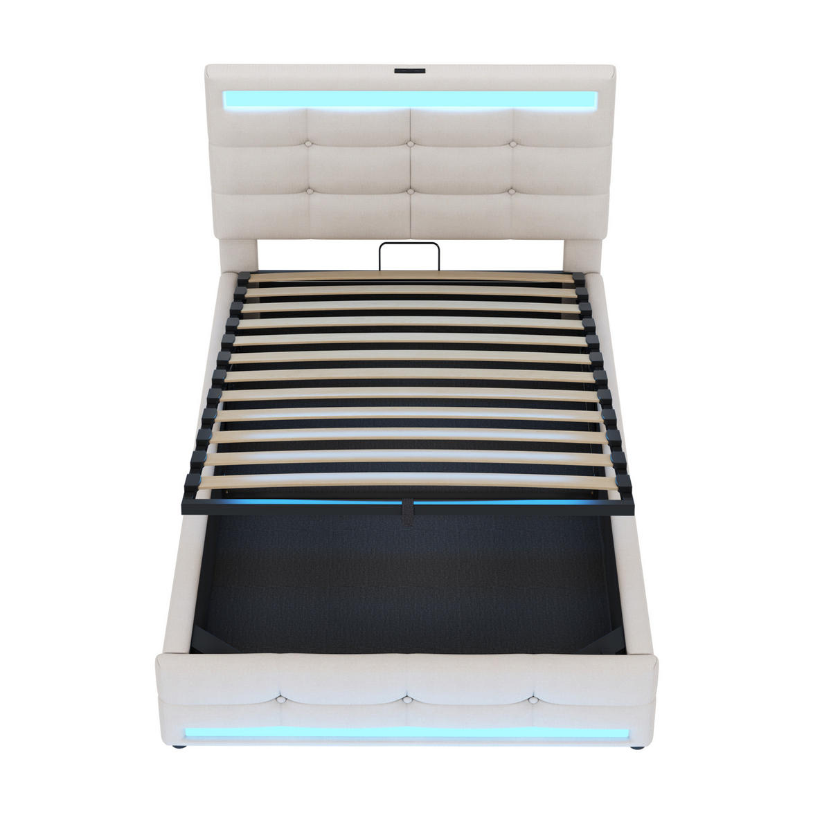 POLSTERBETT mit LED-Beleuchtung 90/200 cm in Beige mit USB und gepolstertem Kopfteil - Beige, Textil (90/200cm) - BEAOK