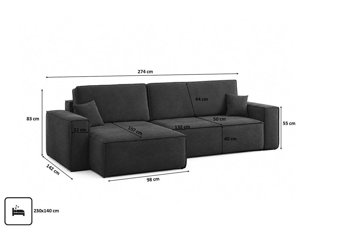 ECKSOFA L-Form Mit Schlaffunktion Und Bettkasten, Veloursstoff Bluvel, Schwarz, Links, BEST XL - Schwarz, Holz (274/142cm) - Kaiser Möbel