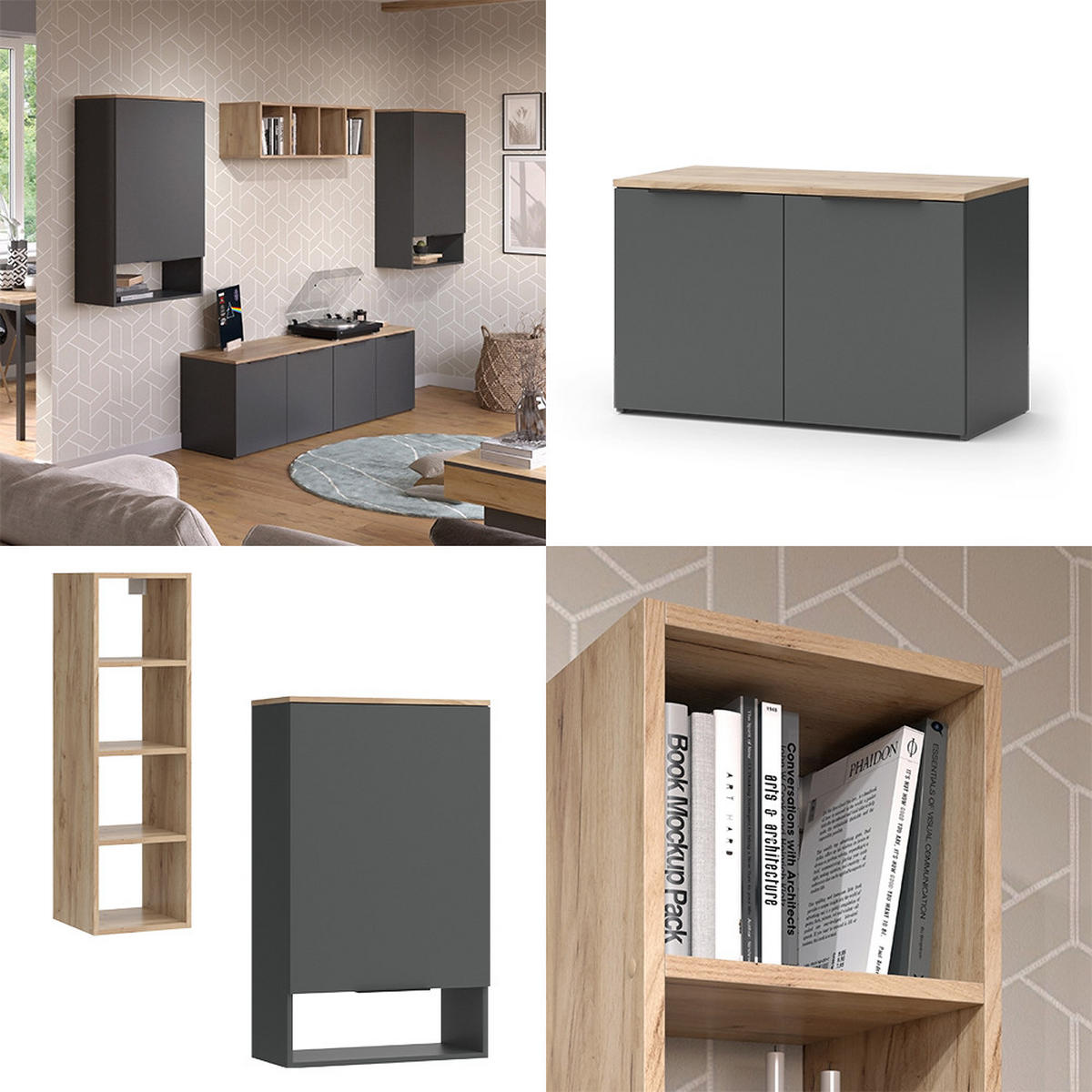 WOHNWAND Wido Anthrazit 5 Teile - Anthrazit/Sonoma Eiche, Holzwerkstoff (80/50/40cm) - Vicco