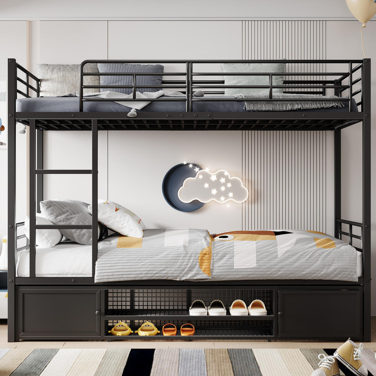 ETAGENBETT 90/200 cm in Schwarz mit Schuhablage und zwei Schränken - Schwarz, Metall (90/200cm) - OKMYHOME