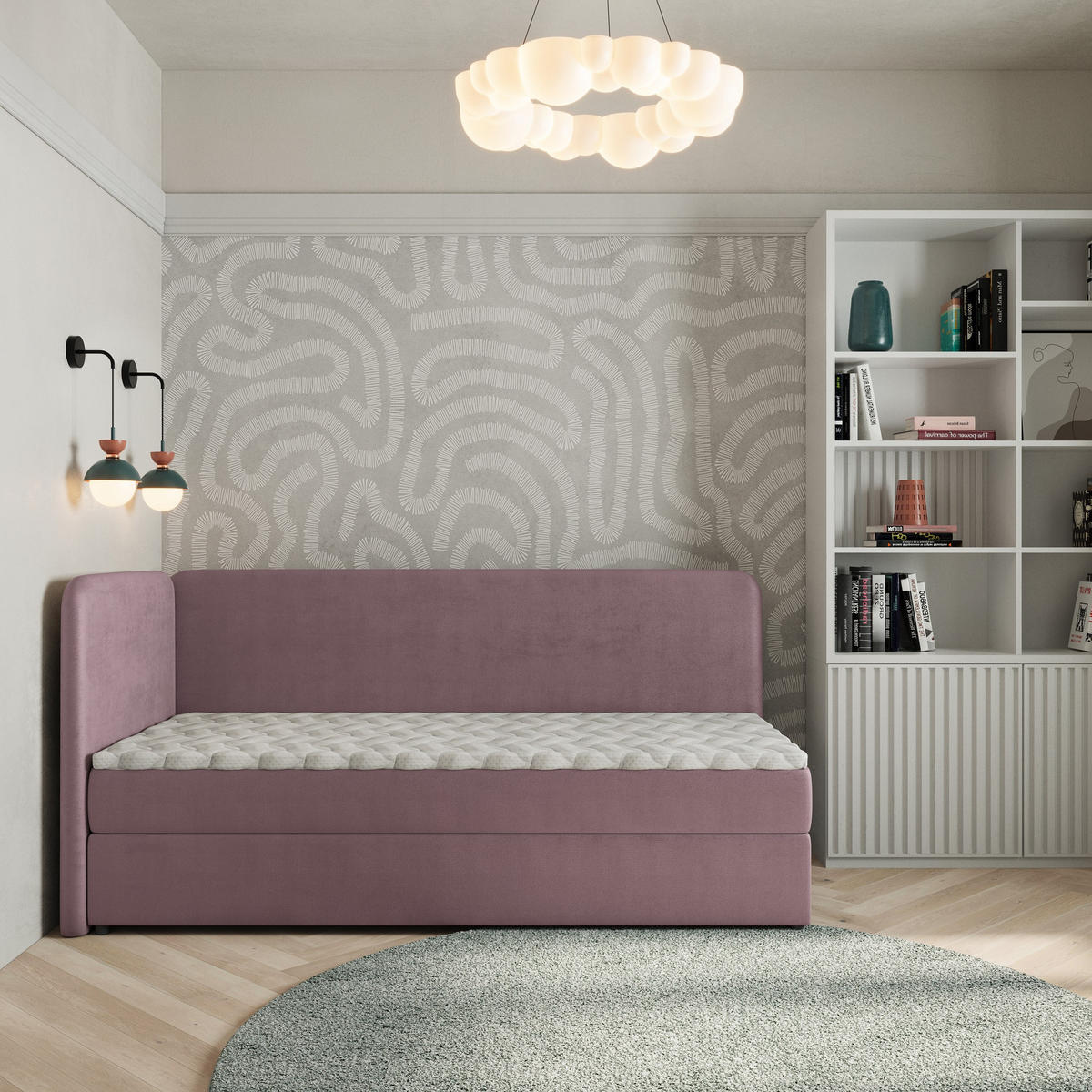 BOXBETT GINA 80x200 cm mit Matratze und Topper, H2+H3 - Rosa - Rosa, Holz (80/200cm) - MASSENO