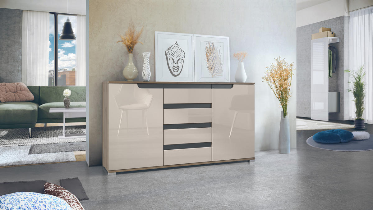 SIDEBOARD Sylt Sandgrau Hochglanz / Anthrazit matt - Sandfarben, Holzwerkstoff (138.5/75.5/35cm) - Vladon