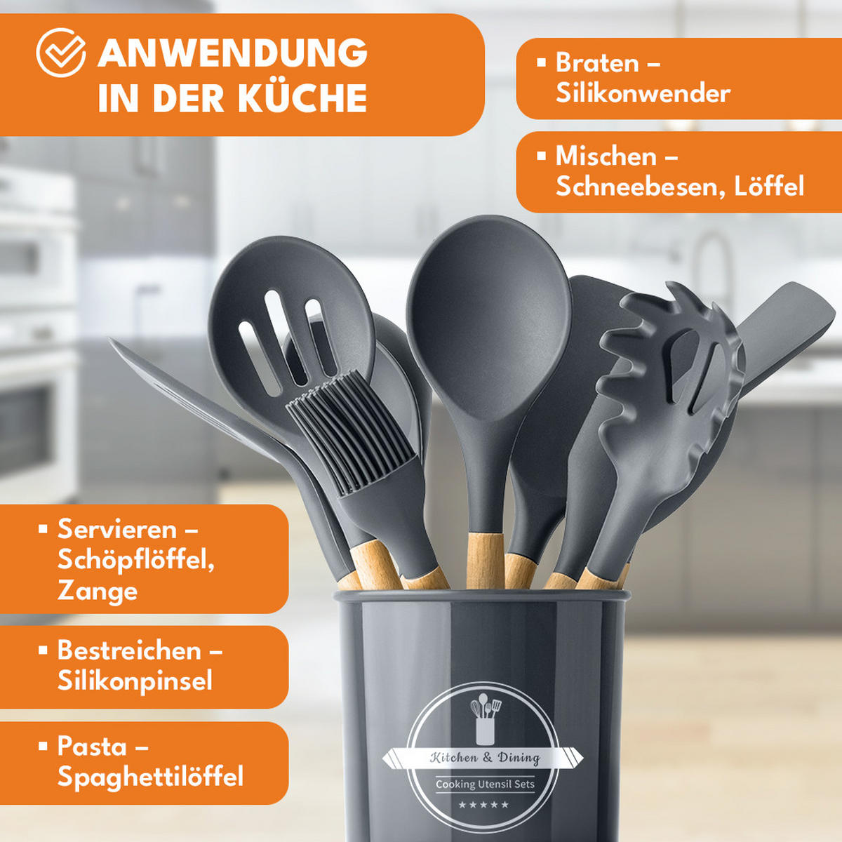 KÜCHENUTENSILIEN Set 11-Teilig - Grau, Kunststoff (5/10/10cm) - KRUMAD