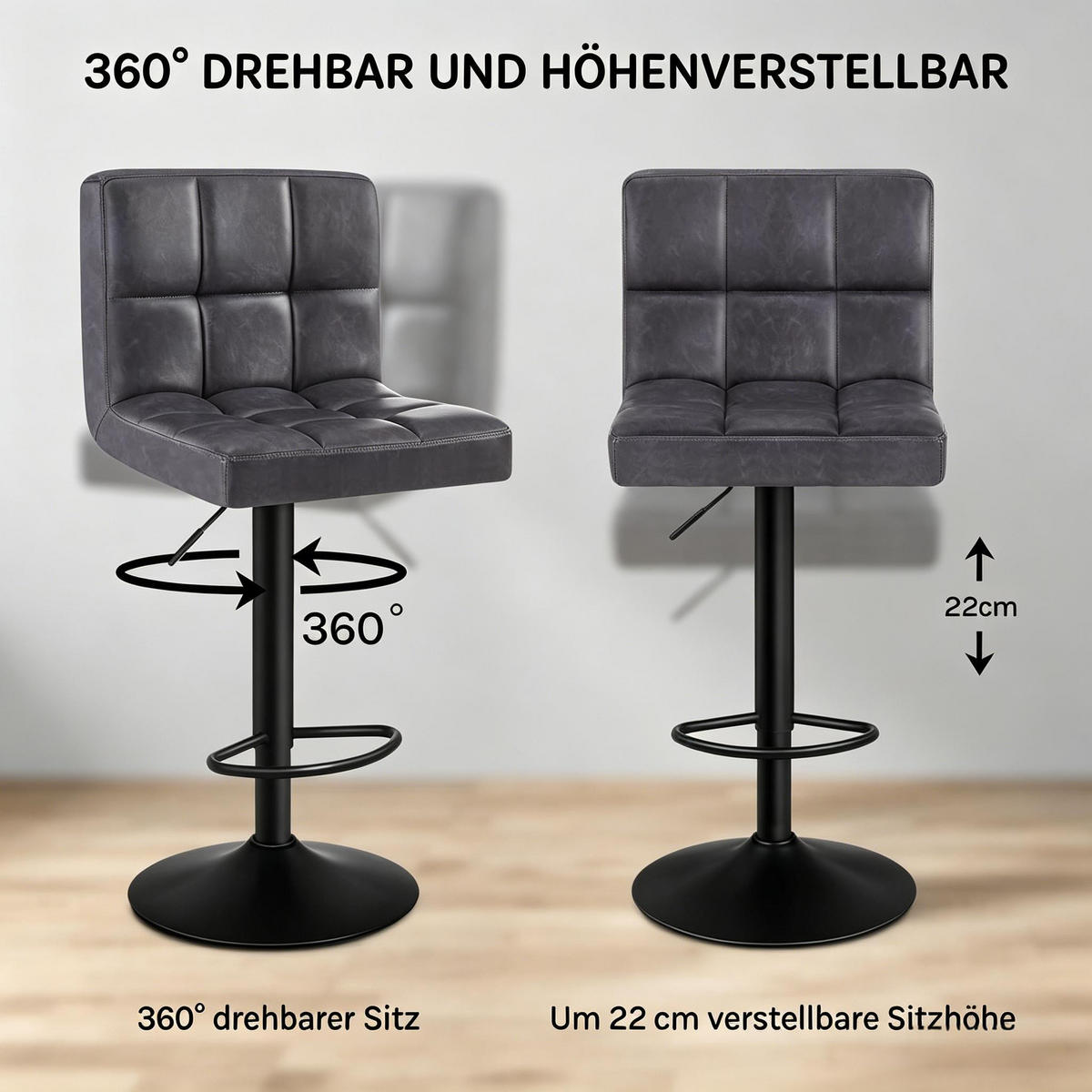 BARHOCKER 1er-Set Anthrazit mit Rückenlehne und Armlehnen höhenverstellbar - Anthrazit, Metall (38/114/44cm) - PANGIVO