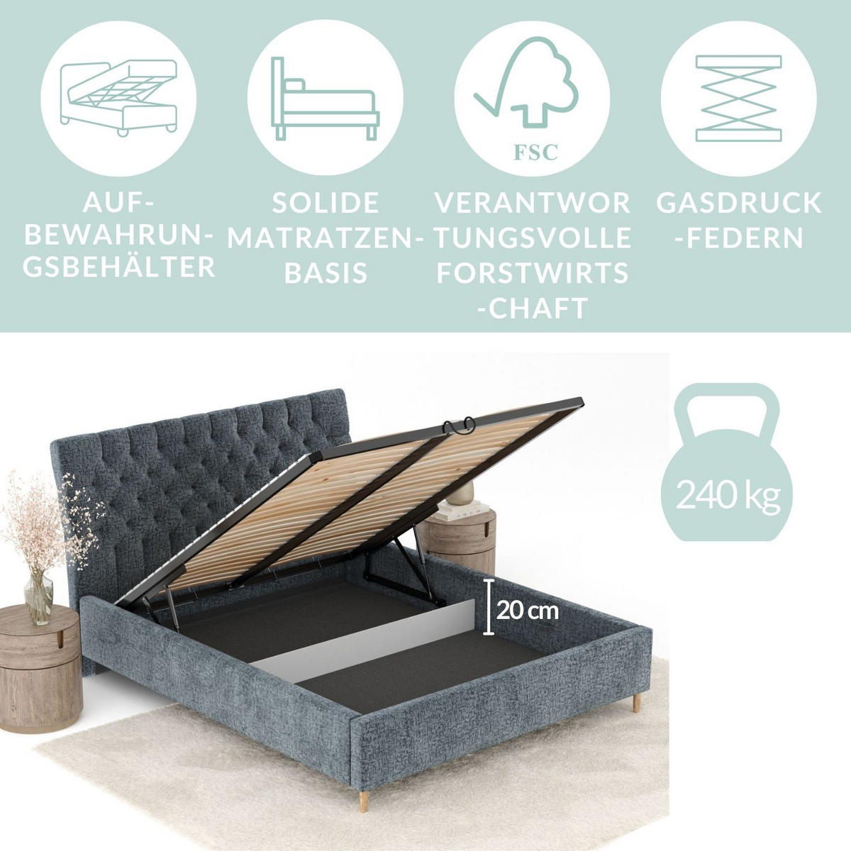 POLSTERBETT Vezzola Blau Grau 180/200 cm im Chenille-Stoff - Blaugrau/Naturfarben, Holz/Holzwerkstoff (180/200cm) - Maison de Reve