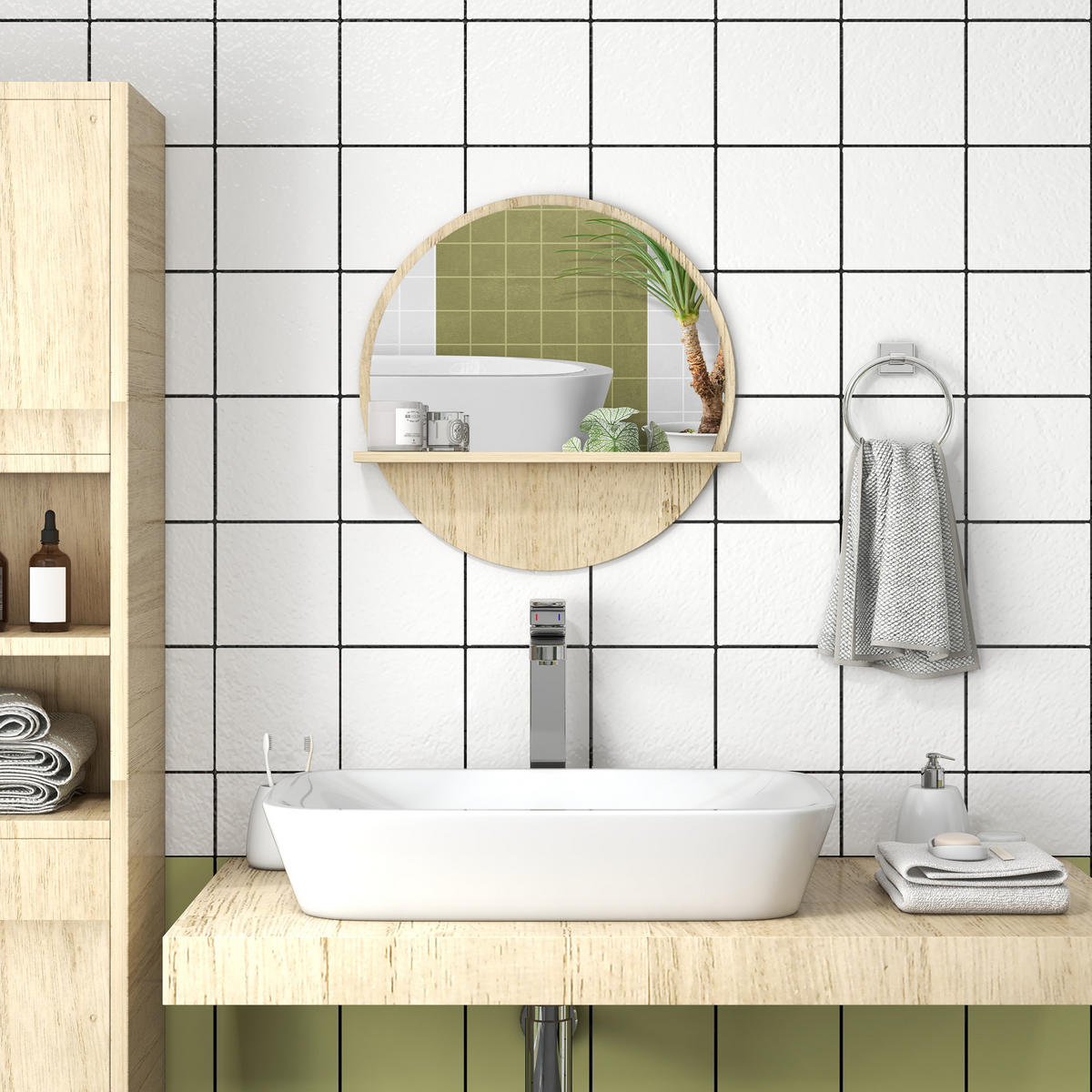 BADEZIMMERSPIEGEL mit Ablagefach und 2 Haken auf der Rückseite, Ø 45 x 10 cm - Braun, Glas (45/10/45cm) - Vallsero