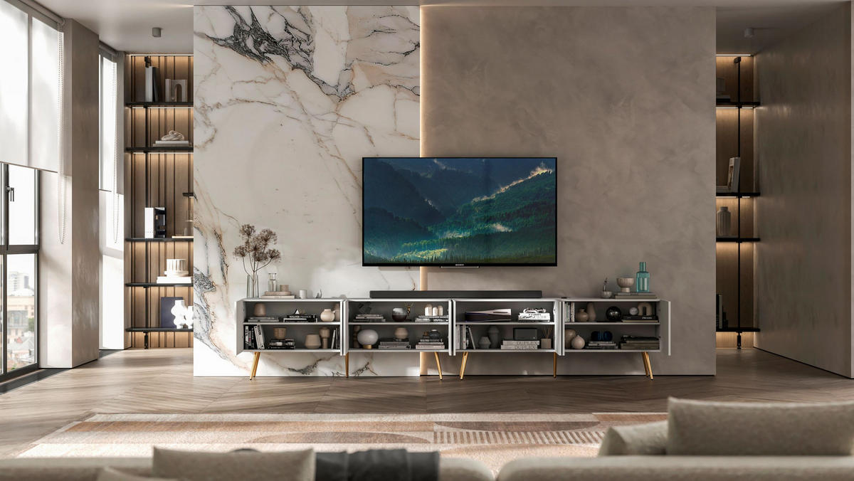 TV-LOWBOARD 2-er Set Elpis Weiß matt mit goldenen Metallbeinen 150 cm - Goldfarben/Weiß, Holzwerkstoff (300/60.5/36.5cm) - Meble Lindner