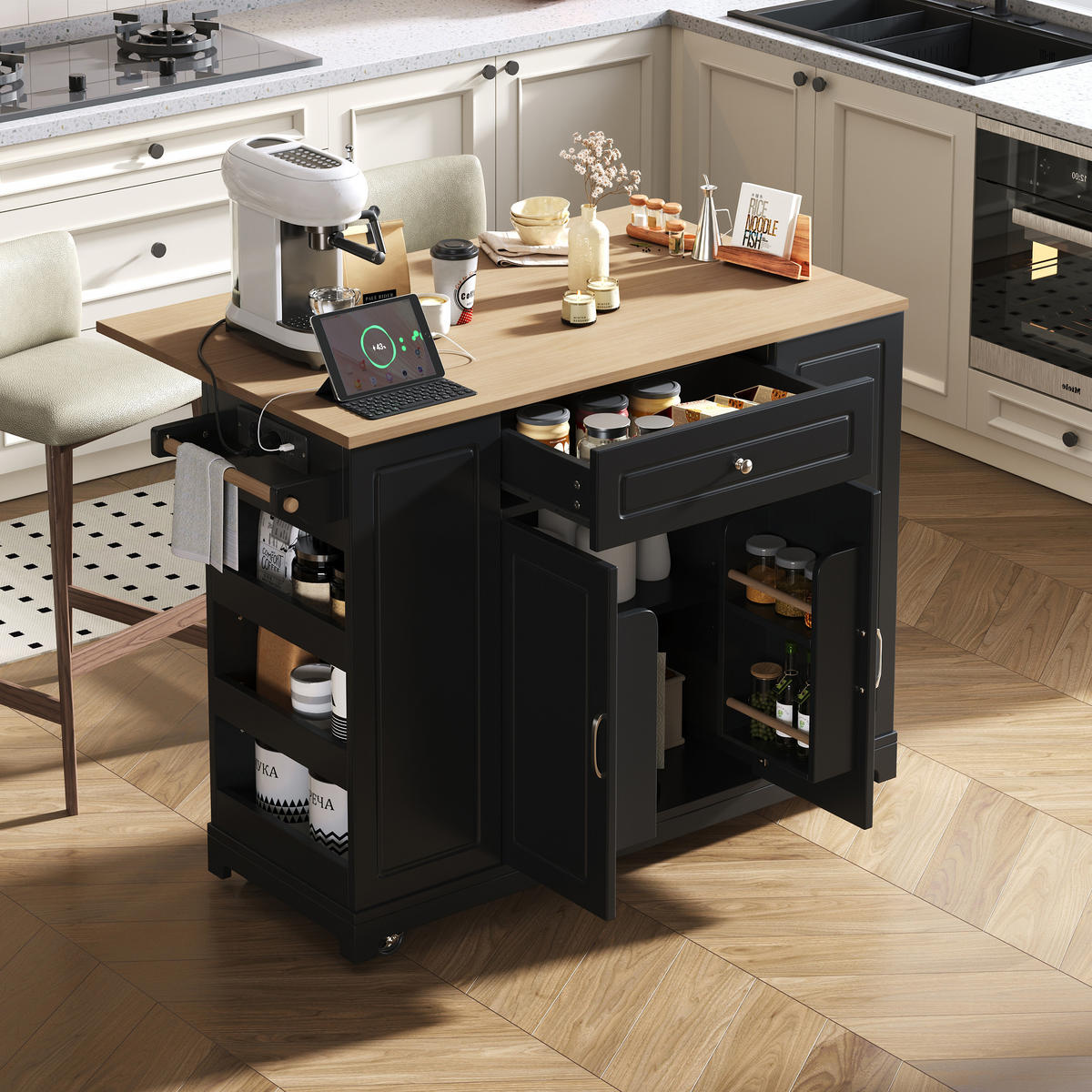 KÜCHENINSEL 131,8/40-70/93,3 cm Schwarz mit ausziehbarer Arbeitsplatte, Steckdose und Mülleimerfach - Schwarz, Holz/Holzwerkstoff (131.8/93.3/40cm) - Oxeza