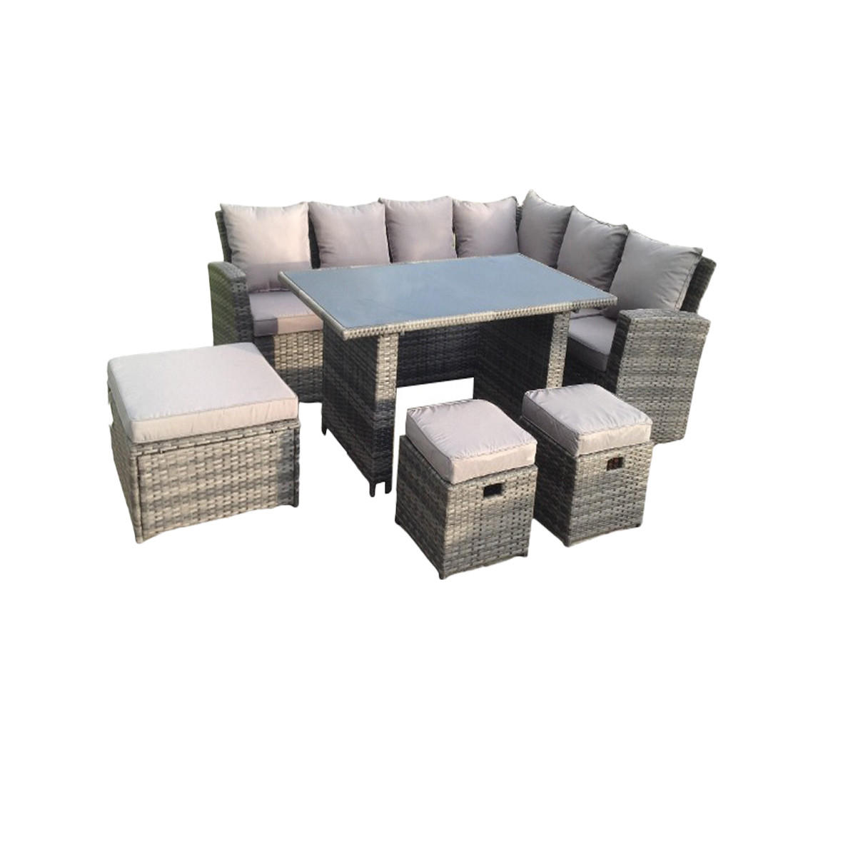 GARTENMÖBEL SET Polyrattan 9-Sitzer - Dunkelgrau/Grau, Glas/Kunststoff - Fimous