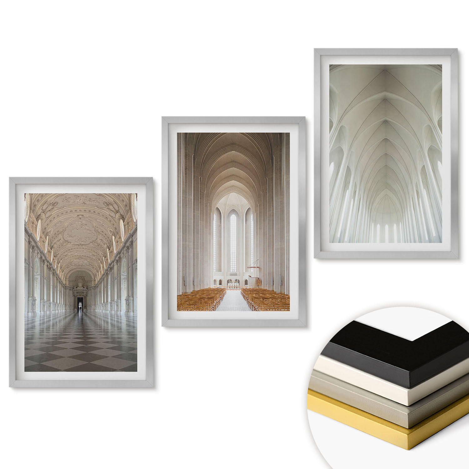 WANDBILDER 3er Set - 40x60 cm Silberner Rahmen - Innenräume historischer Gebäude - Silberfarben, Kunststoff (40/60cm) - ArtPrintCave
