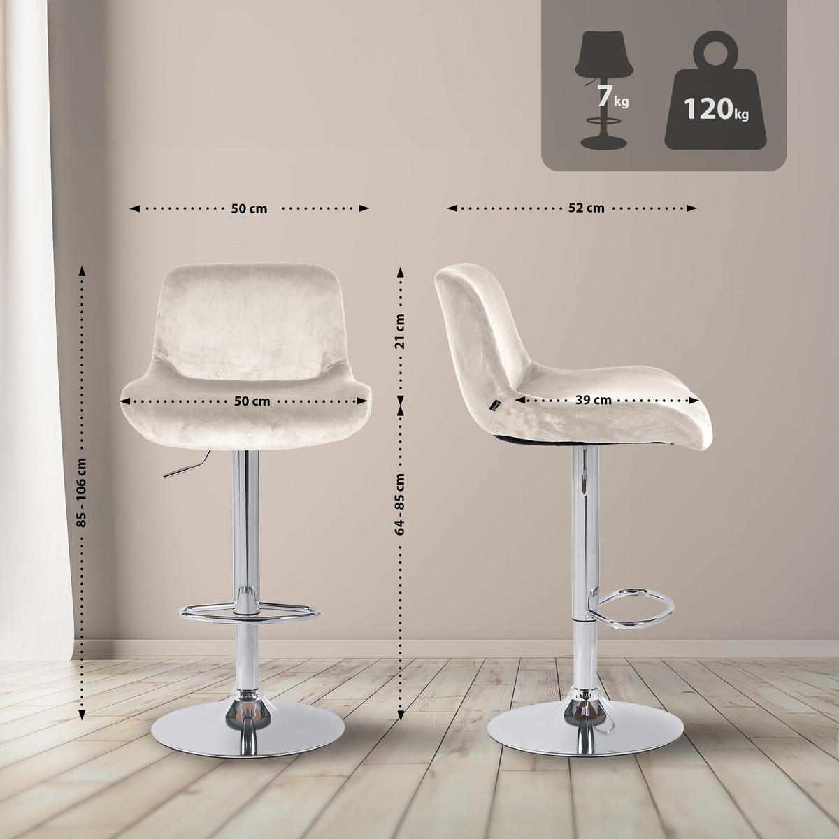 BARHOCKER 2er Set Samt Creme - Chromfarben/Creme, Textil/Metall (50/85/50cm) - CLP