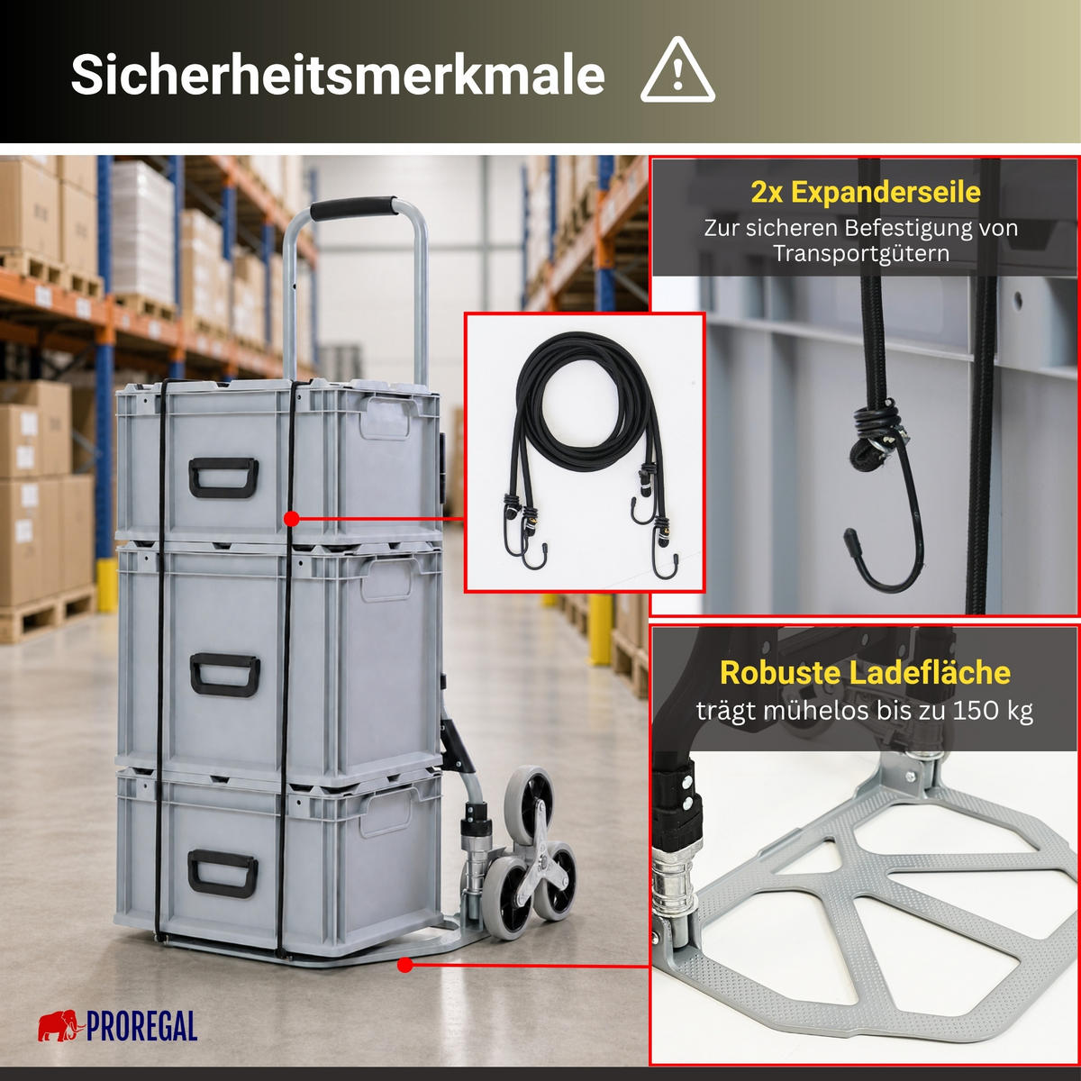 TREPPENSTEIGER Sackkarre Elephant klappbar 112x49x58cm Traglast 150kg AluminiumrahmenTRR Fachgummiräder Schwarz - Silberfarben, Metall (58/49/112cm) - PROREGAL