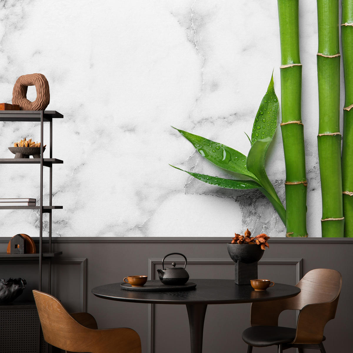 FOTOTAPETE für Küche Bambusblätter Grauer Marmor Exotisch Elegant 450x315 - Weiß/Grau, Papier (450/315cm) - Muralo