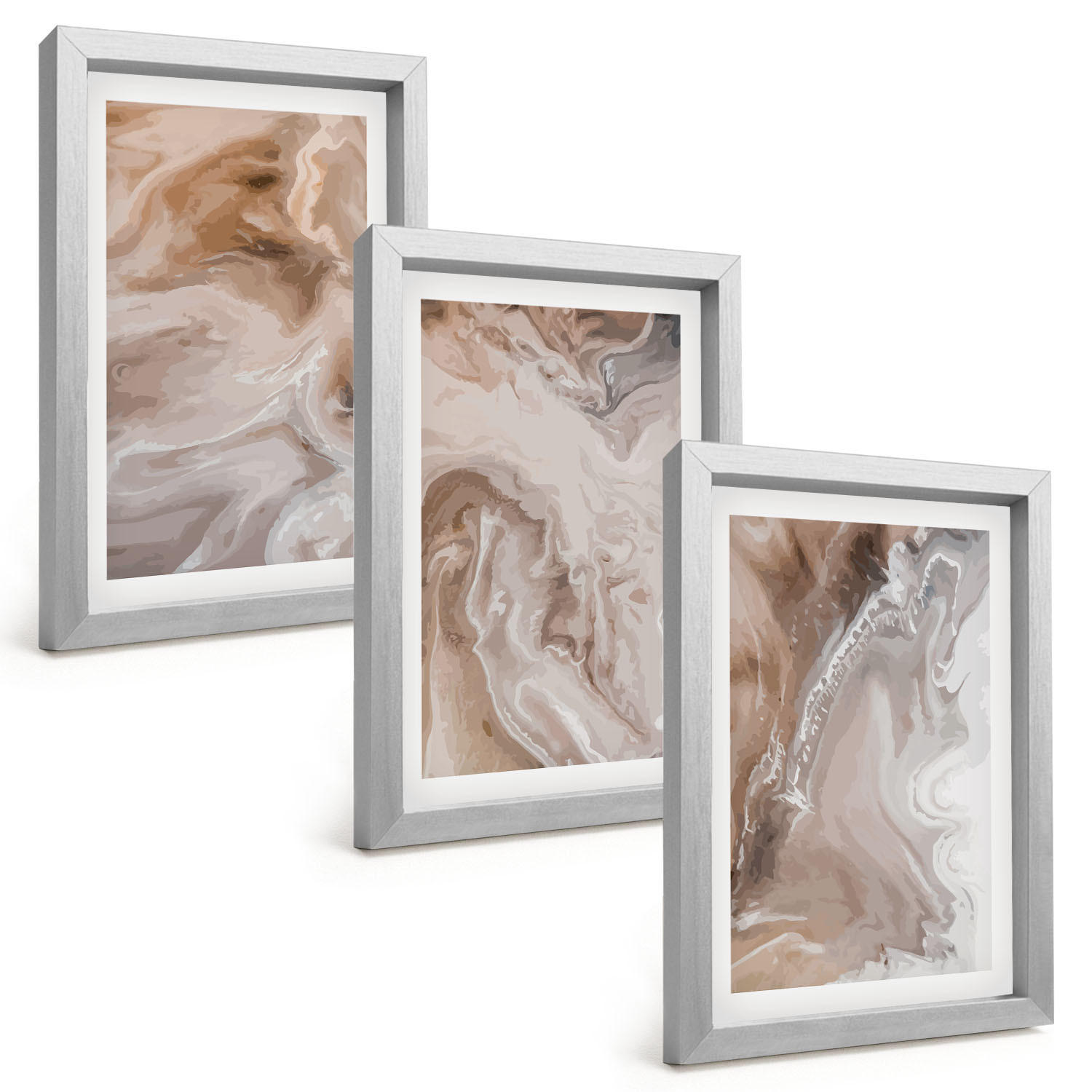 BILDER SET 3er Set - 20x30 cm Silberner Rahmen - Abstrakter Marmorstein - Silberfarben, Kunststoff (20/30cm) - TULUP