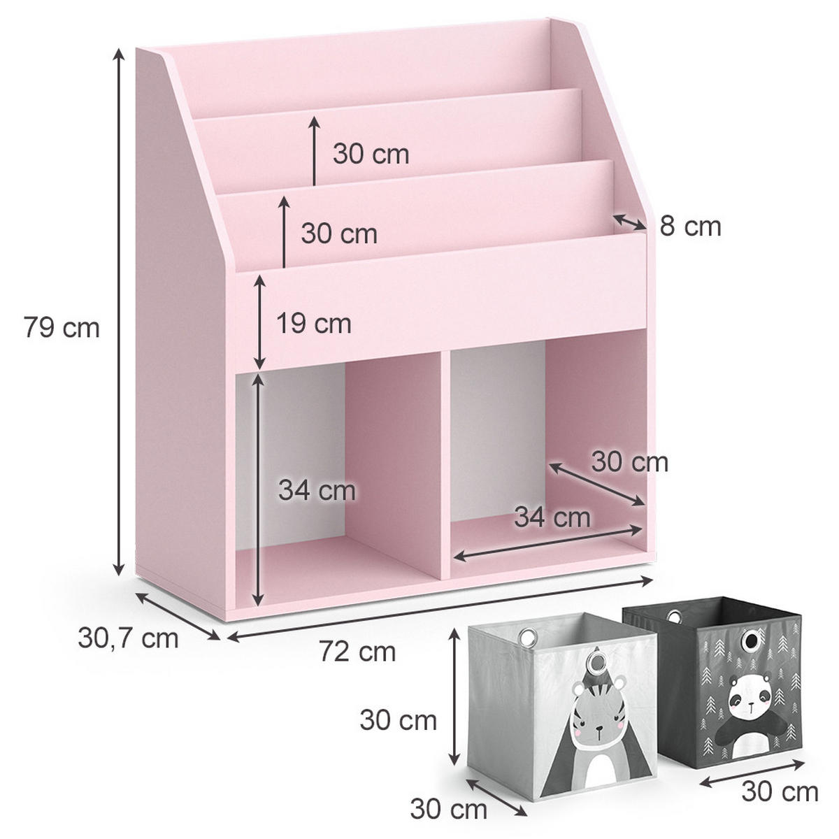 KINDERREGAL Luigi Rosa 72 x 79 cm mit 2 Faltboxen (Panda, Tiger) - Pink, Holzwerkstoff (72/79/30.7cm) - Vicco