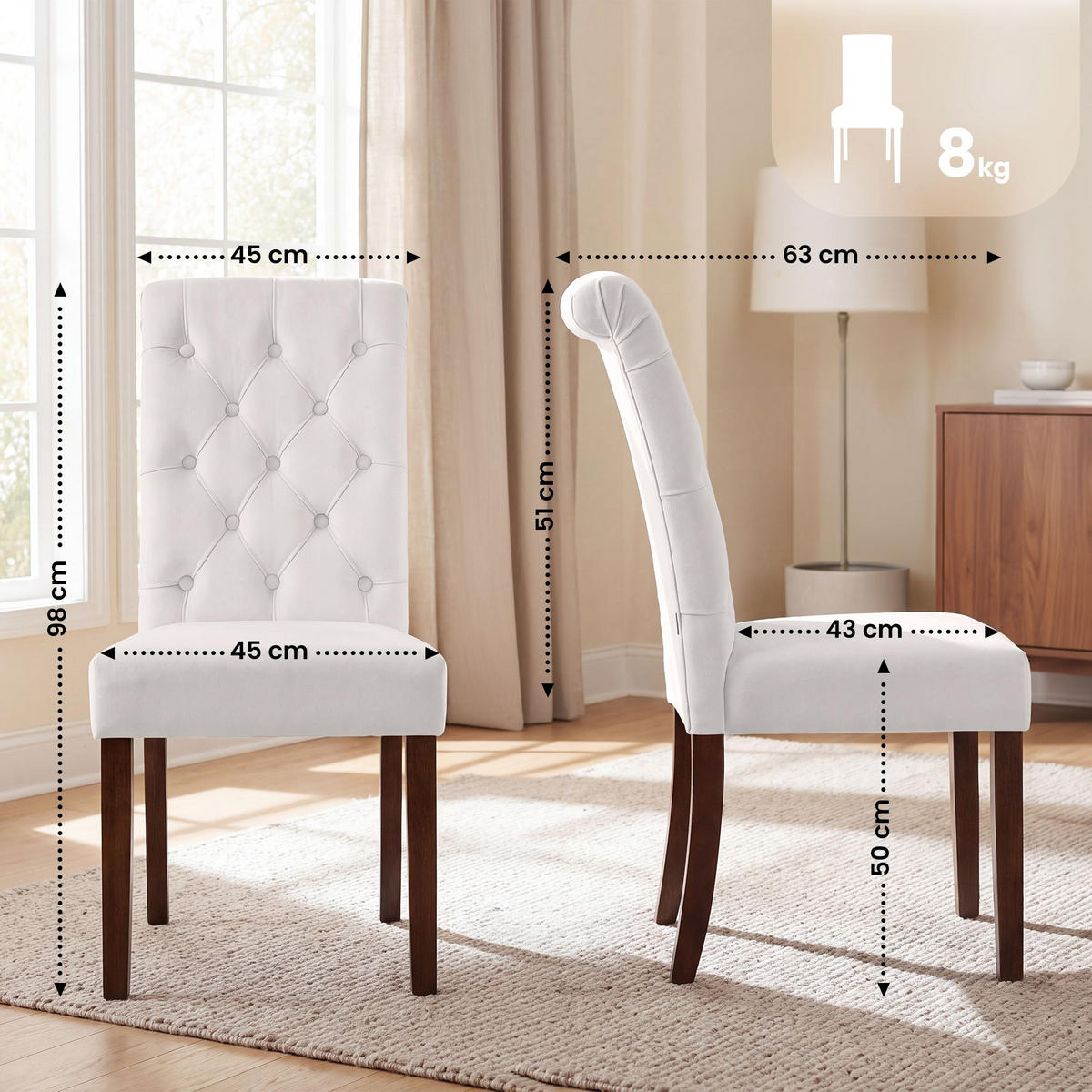 STUHL 2er Set Samt creme - Walnussfarben/Creme, Holz/Textil (45/98/63cm) - CLP